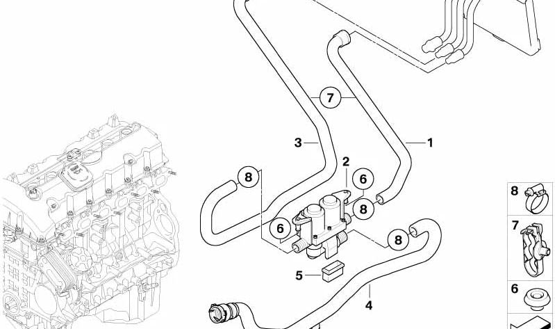Manguera de válvula de agua y bomba de agua auxiliar OEM 64216938433 para BMW E65, E66. Original BMW.
