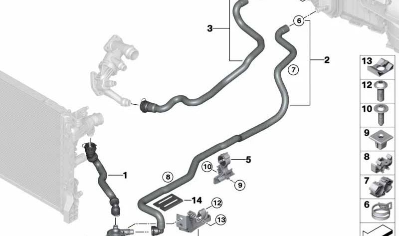 Manguera de líquido refrigerante retorno OEM 64219326896 para BMW Serie 5 G30, G31, Serie 7 G11, G12, Serie 8 G14, G15, G16... y más. Original BMW.