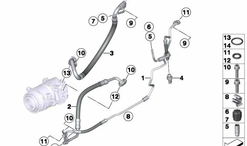 Tubería de alta presión del compresor al condensador OEM 64539228235 para BMW F25 y F26. Original BMW.