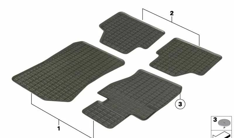 Alfombrillas delanteras de goma originales OEM 51472336799 para BMW X1 E84. Resistentes a la suciedad y al agua, ideales para todo tipo de clima. Original BMW.