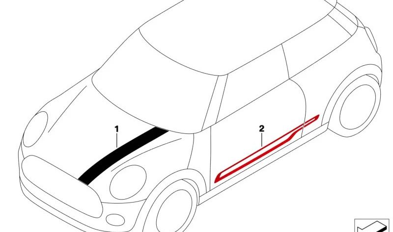 Tira de adorno delantera derecha OEM 51145A36F36 para MINI F56 LCI, F56 BEV LCI, F55 LCI, Cabrio F57 LCI. Original MINI.