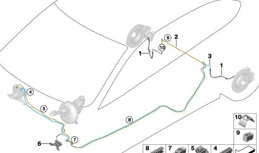 Tubo del freno OEM 34326878923 per BMW F40, F44, F48, F39, F60. Collegare il modulo DSC Hydroaggatat. BMW originale.