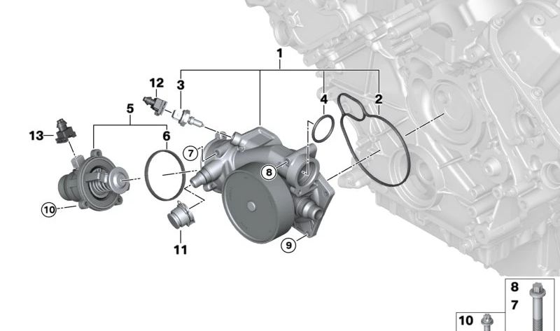 Bomba de agua mecánica OEM 11517548263 para BMW F07, F10, F11, F06, F12, F13, F01, F02, F04, E70, F15, E71, E72, F16. Compatible con motores N63 y N63T. Original BMW.