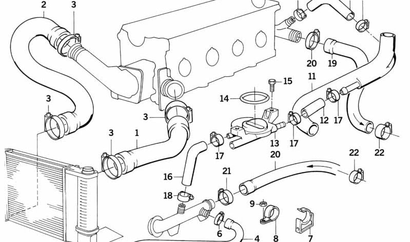 Manguera de agua OEM 11531709050 para BMW E30 316i {AB11, AB12, AB18, AB21, AB22, AC11, AC12, AC18, AC21, AC22}. Original BMW.