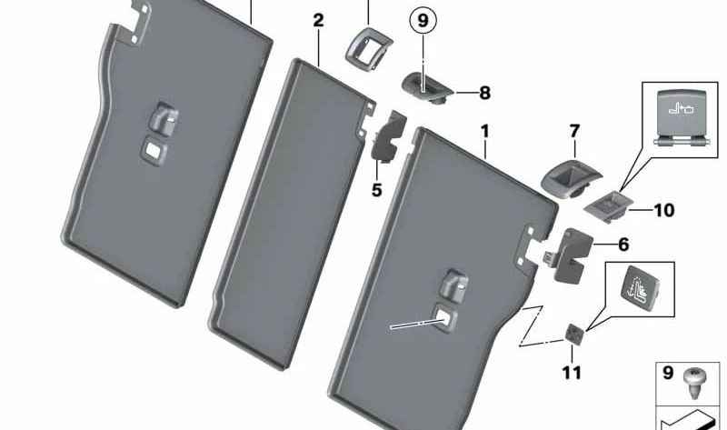 Embellecedor negro OEM 52207268906 para BMW F34 (318d) y F11. Pieza original BMW, recambio para mando o ajuste del asiento trasero. Compatible con versiones manuales y automáticas.