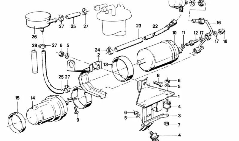 Soporte de bomba de combustible OEM 16121177358 para BMW E30. Original BMW.