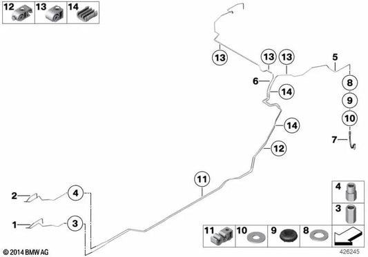 Tubería de freno trasera OEM 34326784755 para BMW Serie 5 F10, F11, F11 LCI. Original BMW.
