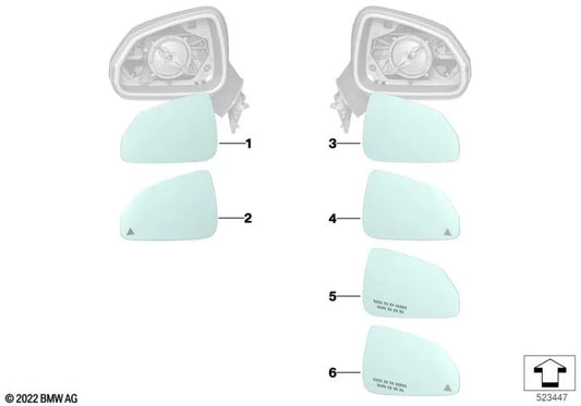 Linkes Weitwinkelspiegelglas OEM 51165A18085 für BMW U06 Active Tourer, X1 U11, X2 U10. Original BMW.