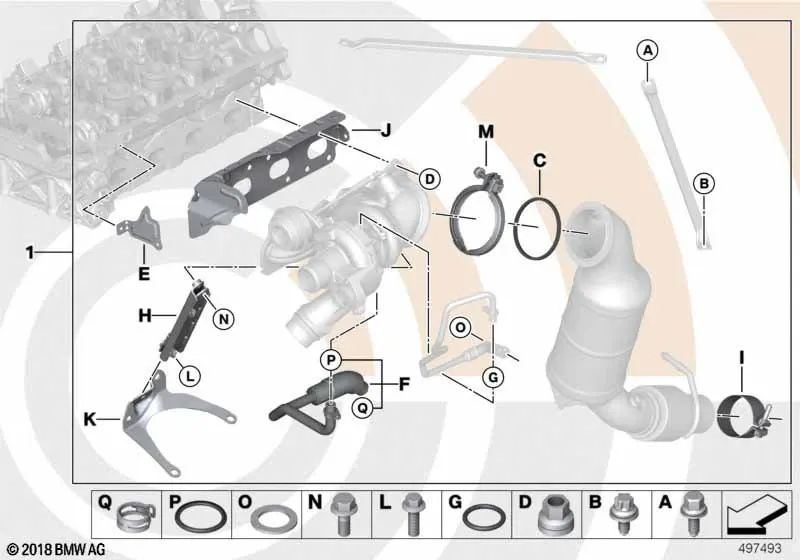 Kit di assemblaggio turbo del sistema di scarico per BMW 1 F20, serie F21 2 F22 Serie 3 F30, F31, F34 (OEM 11652469934). BMW originale