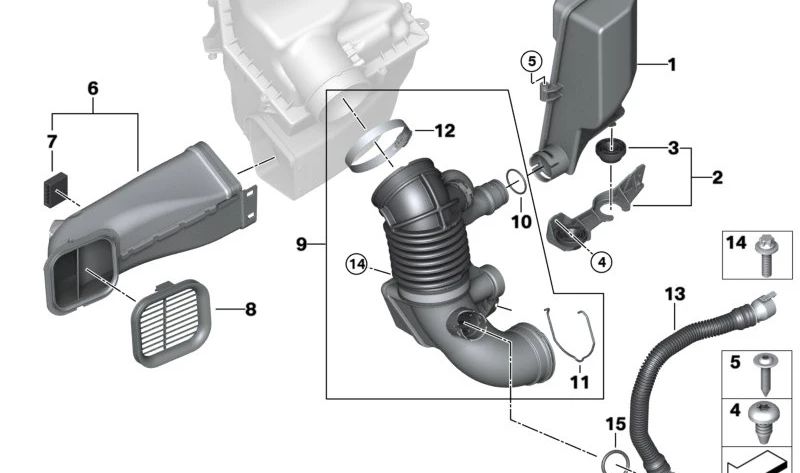 Condotto di ammissione OEM 13718577168 per BMW G30, G31, G11, G12. BMW originale.