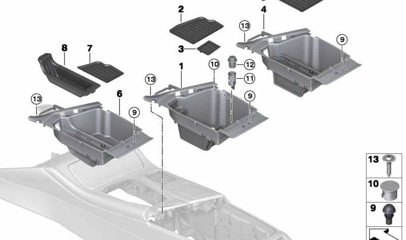 Compartimento para reposabrazos central OEM 51169334683 para BMW F10 (modelos 528i, 528i xDrive, 530d, 535d xDrive, 535i, 535i xDrive, 550i, 550i xDrive). Original BMW.