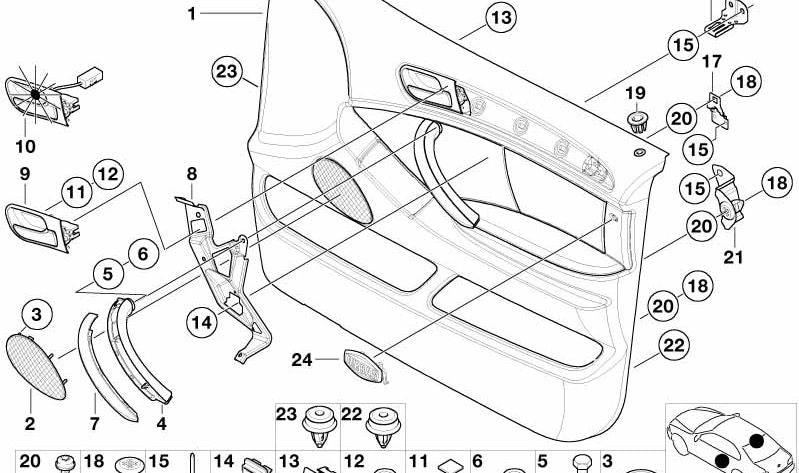 Soporte de tapizado interior OEM 51417003708 para BMW E53. Pieza original BMW.