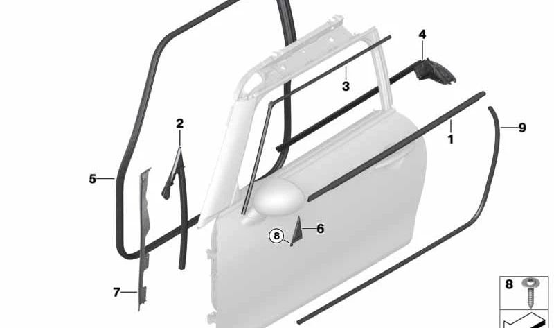 Sellado puerta izquierda OEM 51355A505D1 para MINI F56, F56 BEV, F56 LCI, F66. Original MINI.