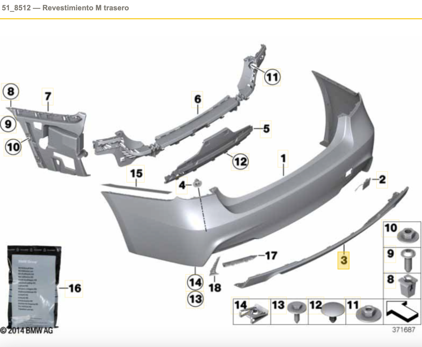 Inserción de parachoques trasero OEM 51128054197 para BMW Serie 3 F30, F31, F30 LCI, F31 LCI. Original BMW.