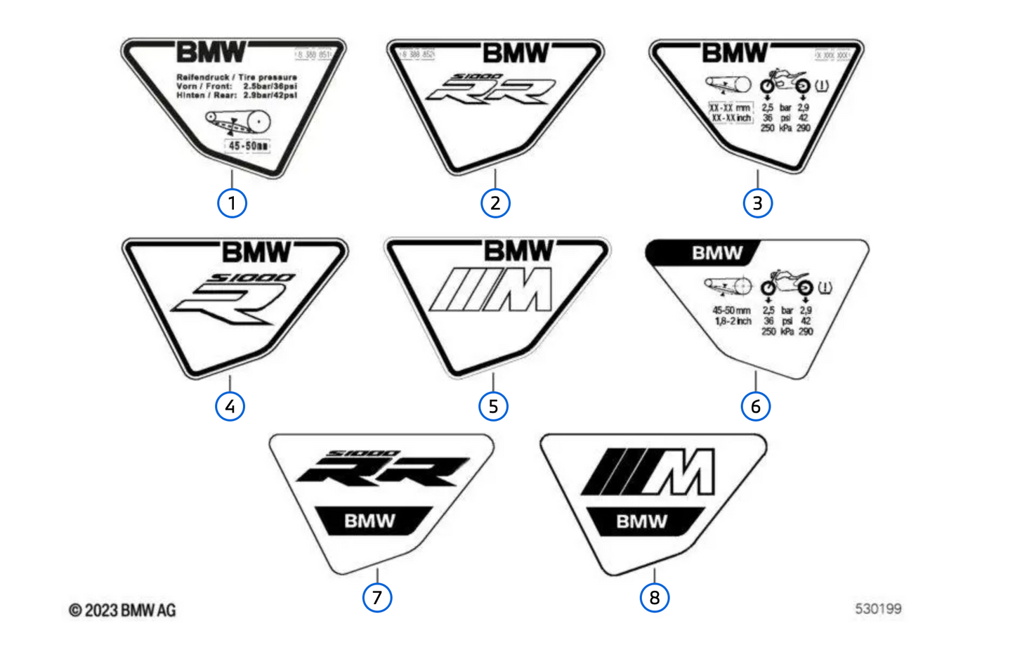 Emblema do lado direito 71248102916 para BMW Motorrad M 1000 R (0p51, 0p53) e M 1000 RR (0p01). BMW Motorrad original.