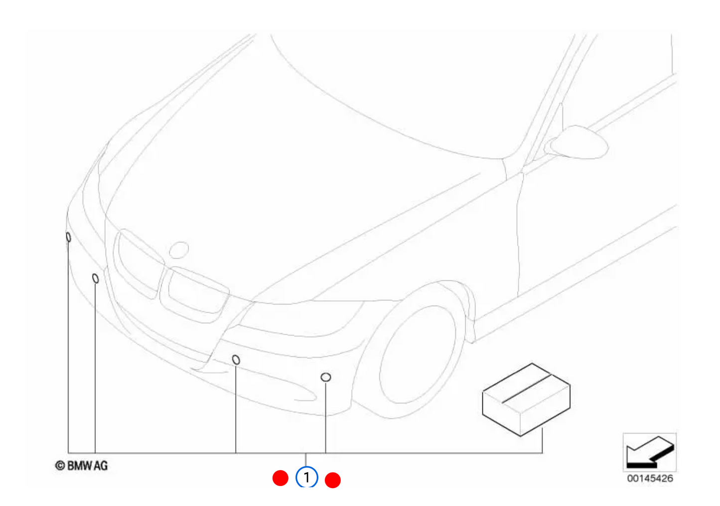 Cableado sensor aparcamiento delantero OEM 61120401223 para BMW E90, E90N, E91, E91N, E92, E92N, E93, E93N. Kit para instalar sensores delanteros de aparcamiento. Original BMW.