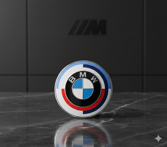 BMW 50th Anniversary logo emblem 82mm (hood or trunk) adhesive version. Original BMW