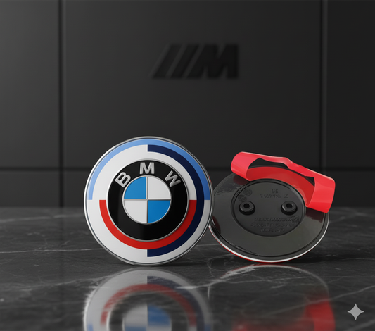 BMW 50th Anniversary logo emblem 82mm (hood or trunk) adhesive version. Original BMW