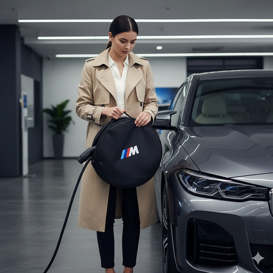 Bolsa de Almacenamiento para Cable de Carga BMW M - Organizador para Cables de Coche Eléctrico en Tela Oxford - Disponible en Forma Circular y Cuadrada