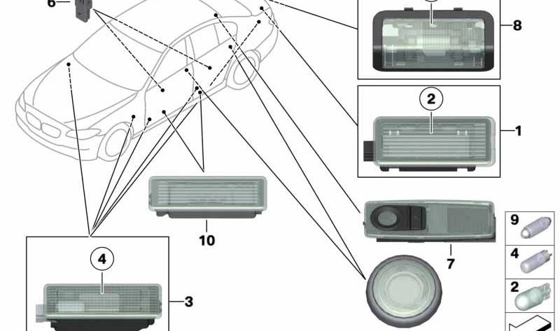 Módulo LED para hueco portaobjetos OEM 63316999951 para BMW F10, F10N, F11, F11N, F18, F18N. Iluminación interior original BMW.