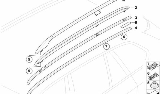 Right roof molding 51137250392 for BMW X5 E70 (all versions: 3.0d, 3.0sd, 3.0si, 3.5d, 4.8i). Original BMW piece.