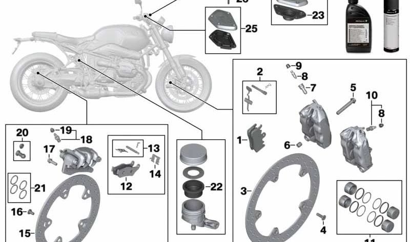 Juego de émbolo del freno delantero con junta OEM 34118549507 para motos BMW R nineT, F 900 R, F 900 XR, F 800 R. Original BMW Motorrad.