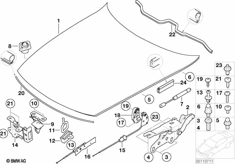 Accionamiento de capó OEM 51237068815 para BMW Z4 E85 2.0i, 2.2i, 2.5i, 3.0i (2003-2008). Original BMW.