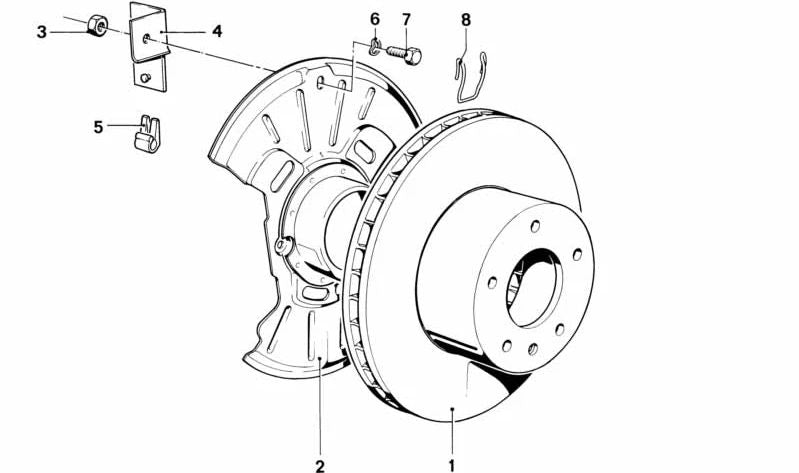 Folha de proteção ao freio direito 34111117754 para BMW E23 728, 728i, 730, 732, 733i, 735i. Compatível com versões manuais e automáticas. BMW original.