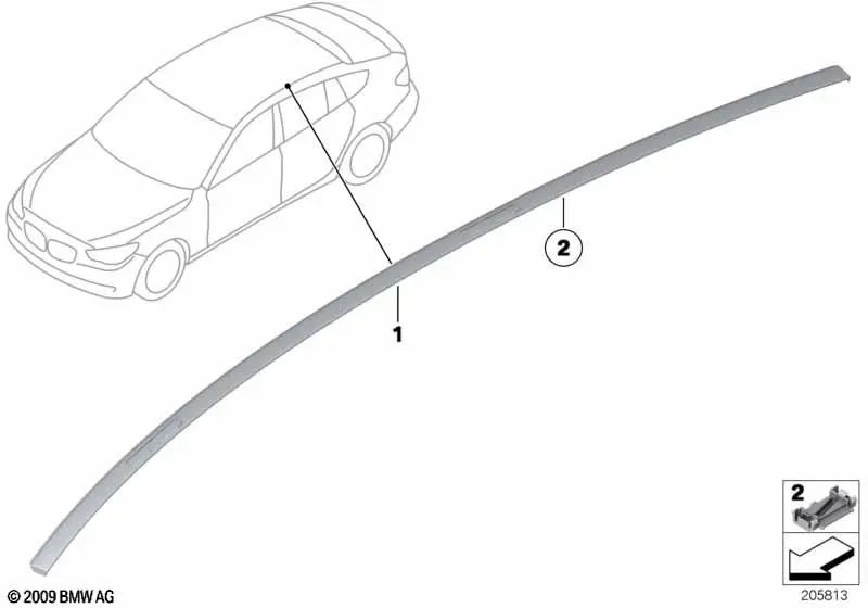 Primed roof moulding left for BMW 5 Series F07, F07N (OEM 51137259919). Original BMW.