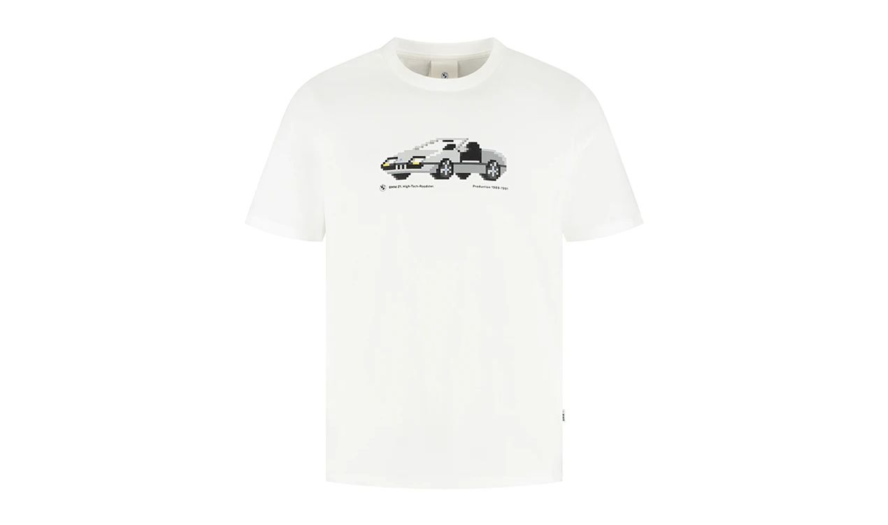 Camiseta blanca unisex con gráfico BMW Z1 pixelado OEM 80145B5F528 para BMW. Talla XS a XXL, algodón 100% de calidad. Original BMW.