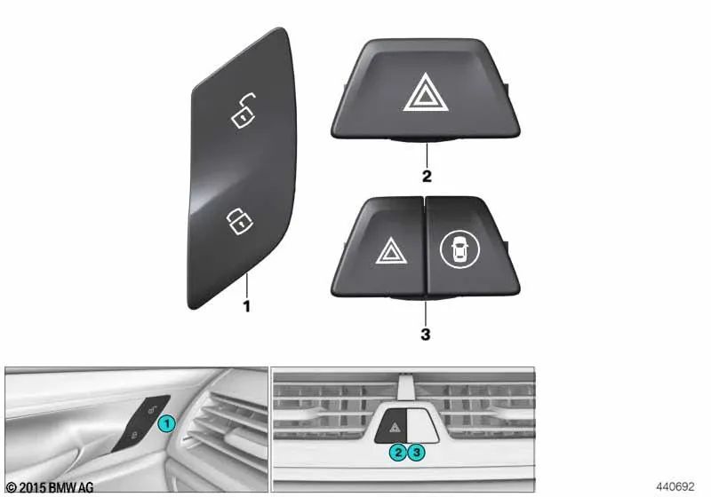 Botão de trava centralizado à esquerda para BMW 5 F90 Series, G30, G31, G38, 6 G32 (OEM 61315A95759). BMW original.
