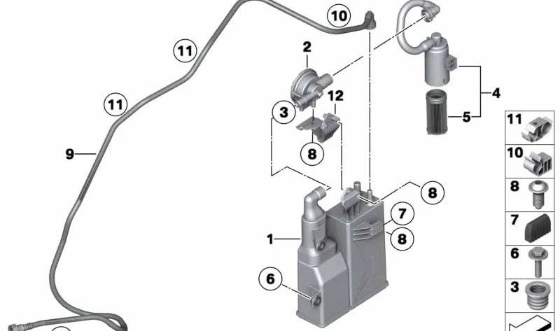 Tubo aireación sistema combustible OEM 16127201504 para BMW F01, F02, F04 {730i, 740i, 750i} con motores N52, N54, N55, N63. Original BMW.