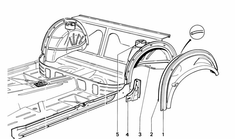 Aleta interior trasera derecha OEM 41141900758 para BMW Serie 5 E12. Compatible con modelos E12 fabricados entre 1974 y 1981. Pieza original BMW.