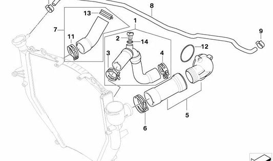 Tubo refrigerante OEM 17127672726 para motos BMW K1200S, K1300S, K1200R, K1300R, K1200GT, K1300GT. Original BMW Motorrad.
