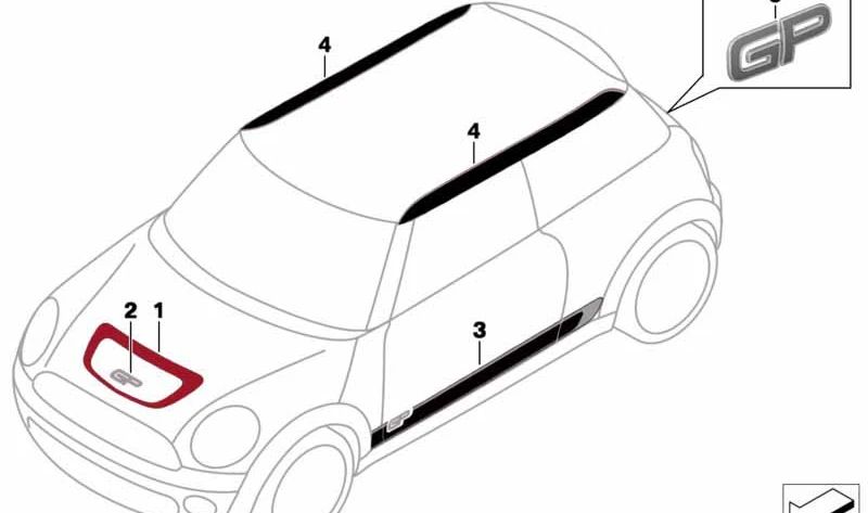 Vinilo adhesivo interior capó delantero OEM 51147331074 para MINI R56 Cooper S JCW (modelos SU91, SU92, SU01, SU02) del 03/2012 al 11/2013. Original MINI.