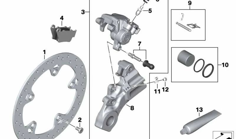 Pinza de freno trasera sin pastillas OEM 34219467615 para BMW Motorrad F 800 GS, F 900 GS, F 900 GS Adventure, F 900 R, F 900 XR. Original BMW Motorrad.