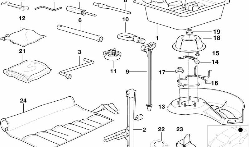 Gato hidráulico OEM 71121095099 para BMW E36 323ti. Herramienta original para elevar el coche, incluida en el kit de herramientas del maletero. Compatible con versiones manuales y automáticas. Original BMW.
