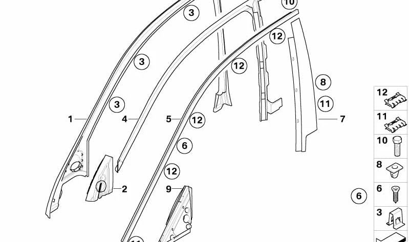Junta interior triángulo espejo derecho OEM 51337076124 para BMW E60, E60N, E61, E61N. Original BMW.