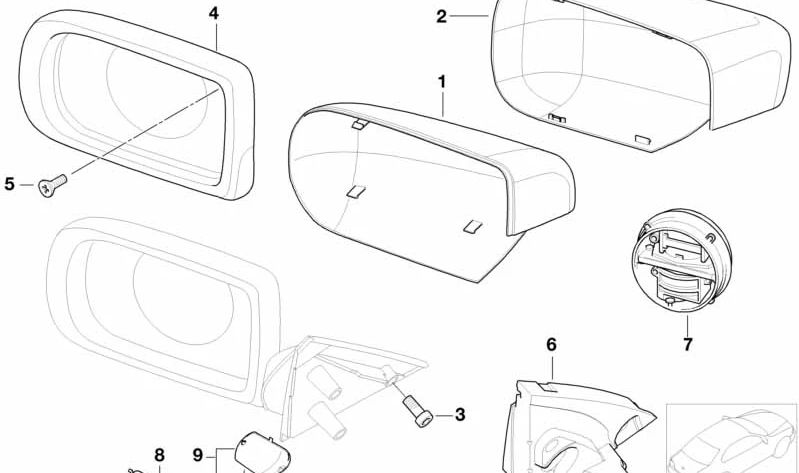 Recubrimiento espejo exterior izquierdo imprimado OEM 51168238375 para BMW Serie 3 E46, Serie 5 E39. Original BMW.