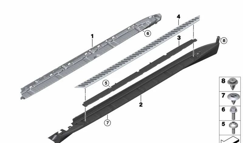 Inserto lateral izquierdo para estribera OEM 51777345095 para BMW X5 F15 (modelos sDrive25d, xDrive25d, xDrive28i, xDrive30d). Pieza original BMW.