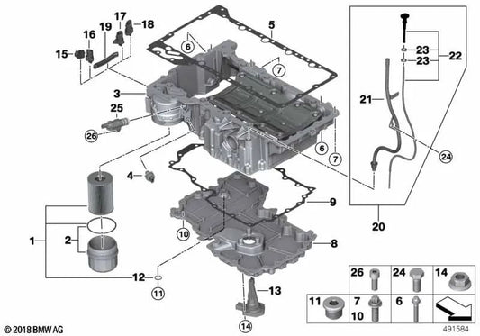 Cárter de aceite OEM 11138643444 para BMW G30, G11, G12, G14, G15, G16, X5 G05, X6 G06, X7 G07... y más. Original BMW.