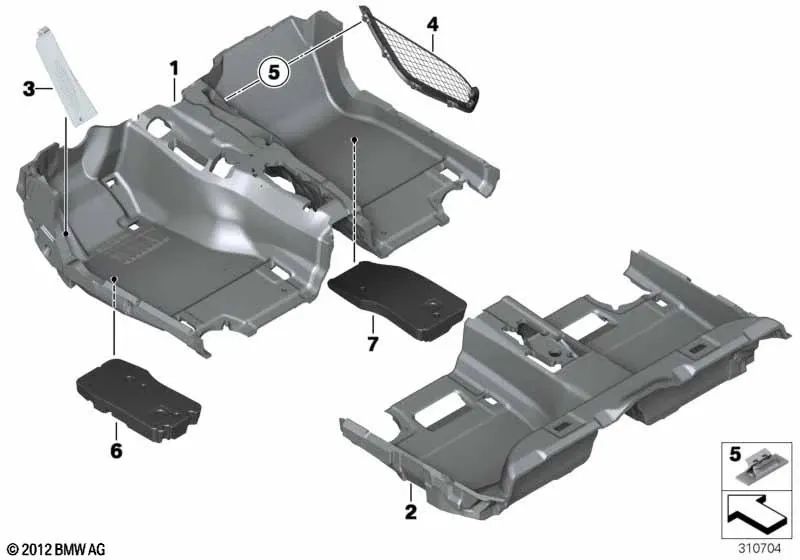 Tapete traseiro antrazito OEM 51477224531 para BMW Série 5 F10, F11 (2010-2013). BMW genuíno.