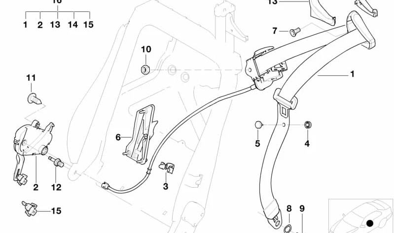 Mecanismo de acoplamiento izquierdo OEM 52109113981 para BMW E46 318Ci {BP71, BP72, BP81, BP82, BW71, BW72, BW81, BW82, BY71, BY72}. Pieza original BMW.