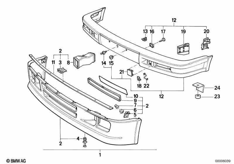 Guia direita do spoiler dianteiro OEM 51112239704 para BMW Série 3 E30 (316, 318i) 1983-1988. BMW genuíno.