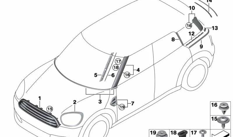 Vedação do pilar A esquerdo OEM 51137390103 para MINI Countryman F60, F60 LCI. MINI originais.