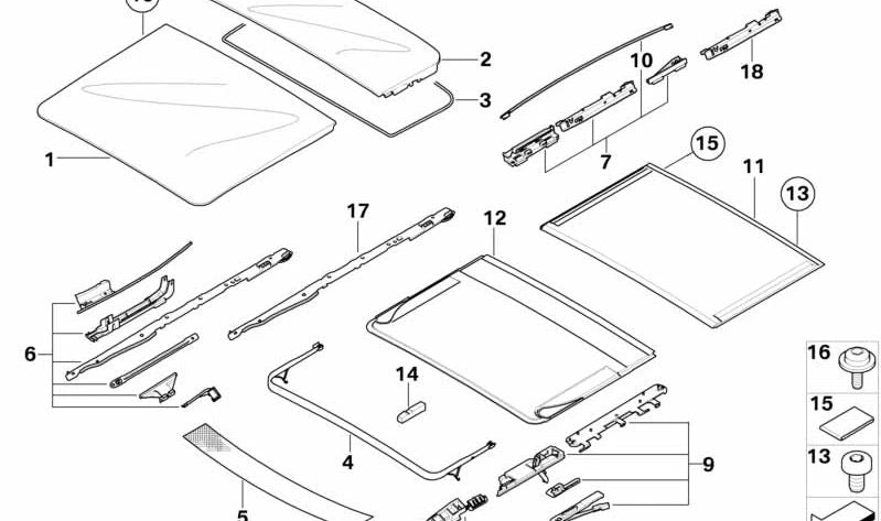 Guide arrière OEM 54107297323 pour BMW E91, E91N, E61, E61N, E83, E83N, E53. Pièce du système de toit solaire / panoramique. BMW d'origine.