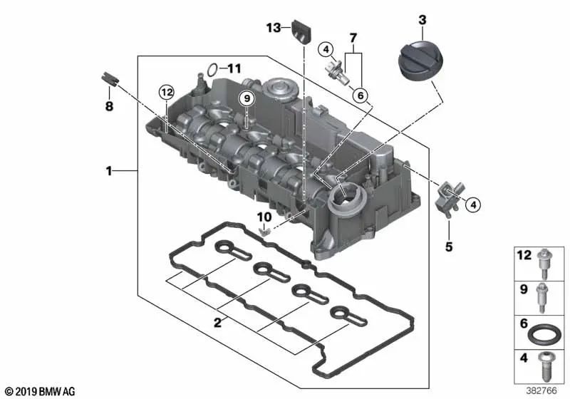 Cylinder head cover for BMW 1 Series F40, 2 Series F44, F45N, F46N, X1 F48, F48N, X2 F39 (OEM 11128579961). Genuine BMW
