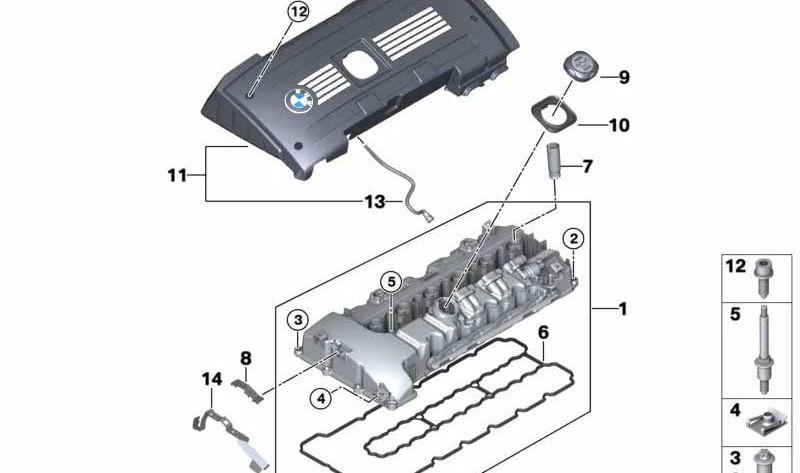 Cylinder head cover OEM 11127548196 for BMW (compatible models: E90, E91, E92, E93, E60, E61, F10, F11, E63, E64). Original BMW.
