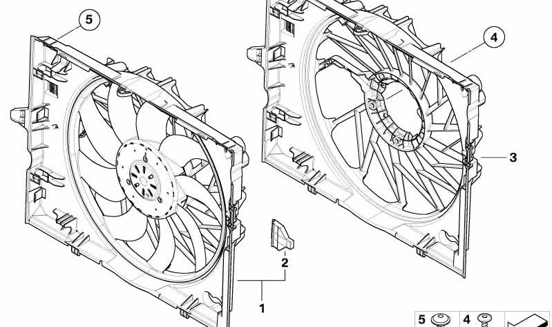 Complete fan with OEM housing 17427534911 for BMW E60, E61, E63, E64 (540i, 550i - N62). Compatible with manual and automatic change. Original BMW.