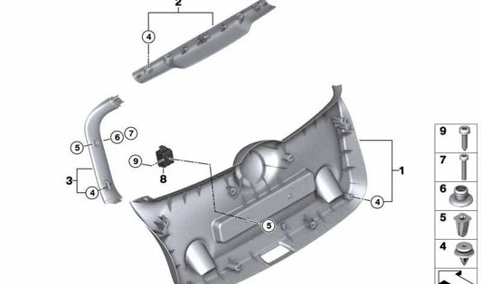 Revestimiento tapa de portamaletas izquierdo OEM 51497374787 para MINI F56, F56 BEV, F56 LCI, F56 BEV LCI. Original MINI.